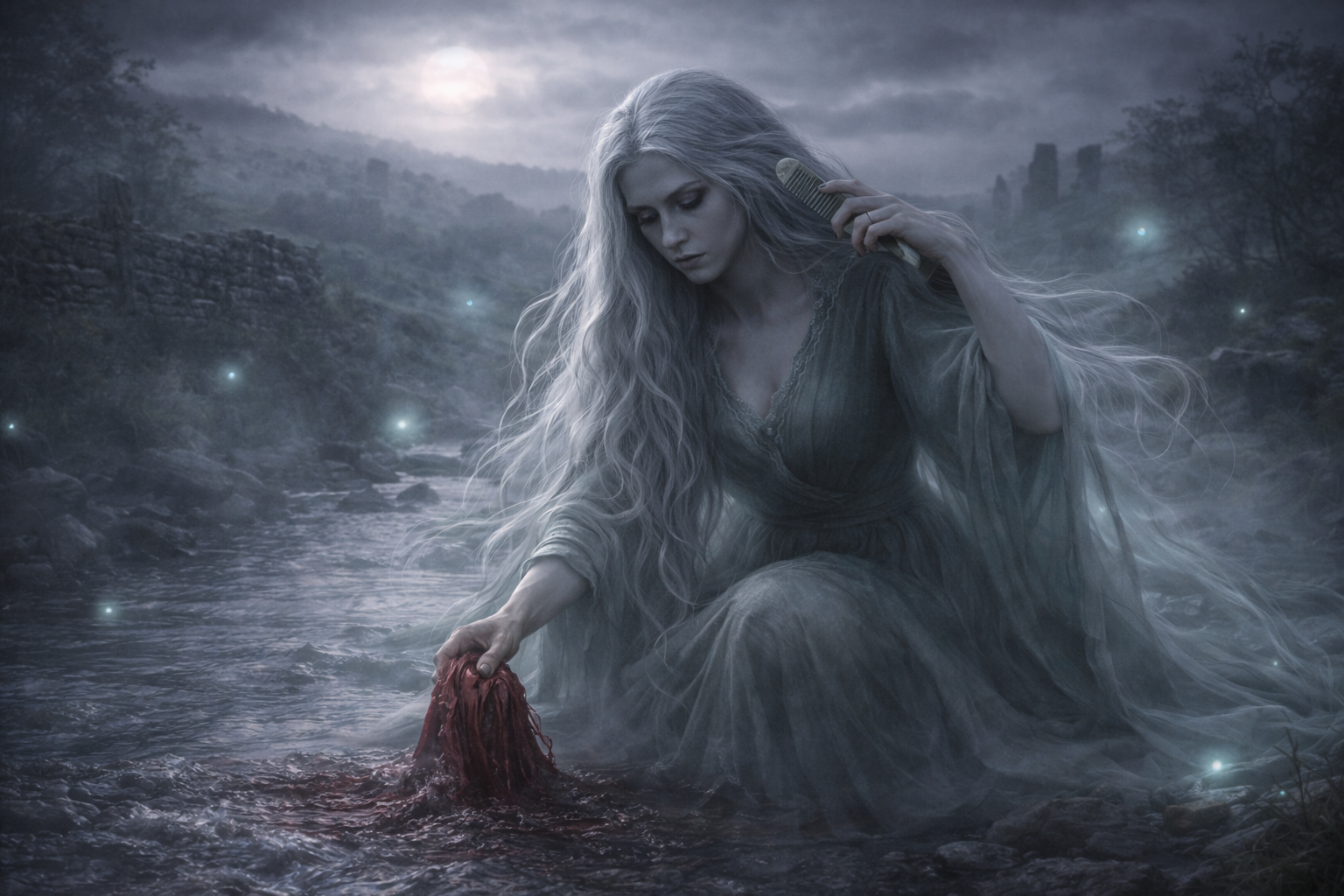 Bean Sídhe Irish banshee washing bloody cloth by water in ethereal moonlit scene